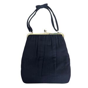 Vintage 1940s Ingber Black Fabric Evening Bag w/ Bow Handle & Gold Frame